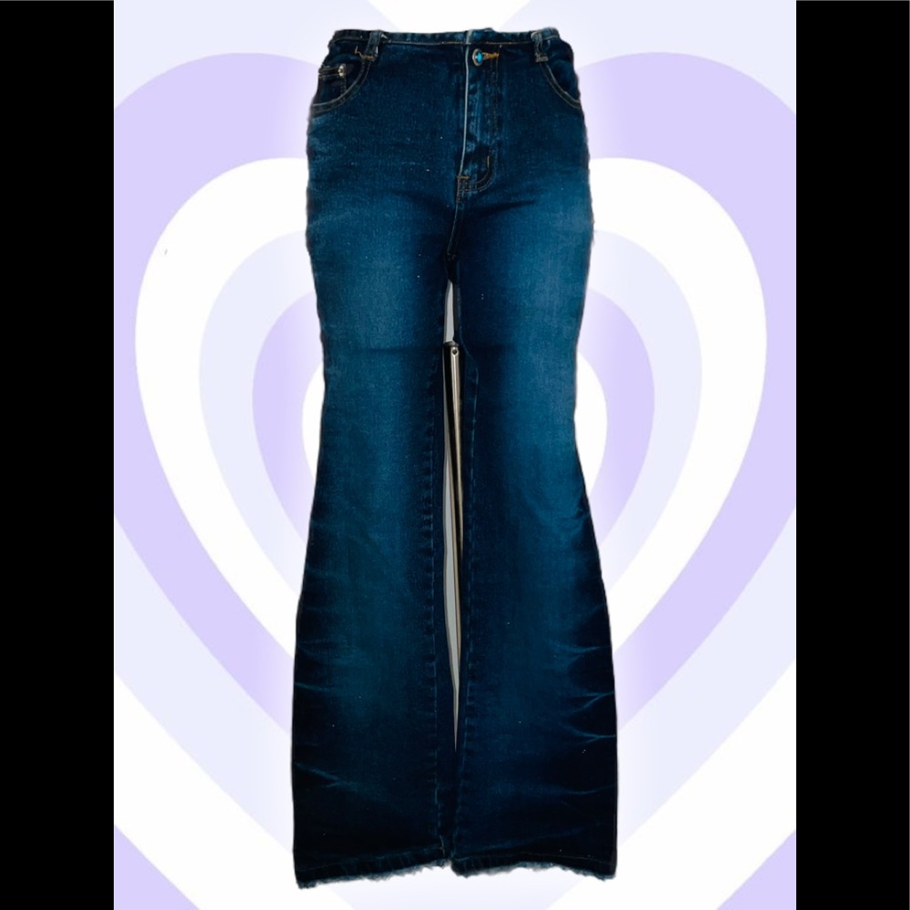 Route 66 Vintage Y2K Dark Blue Glitter Low Rise Flare Jeans Size 7/8